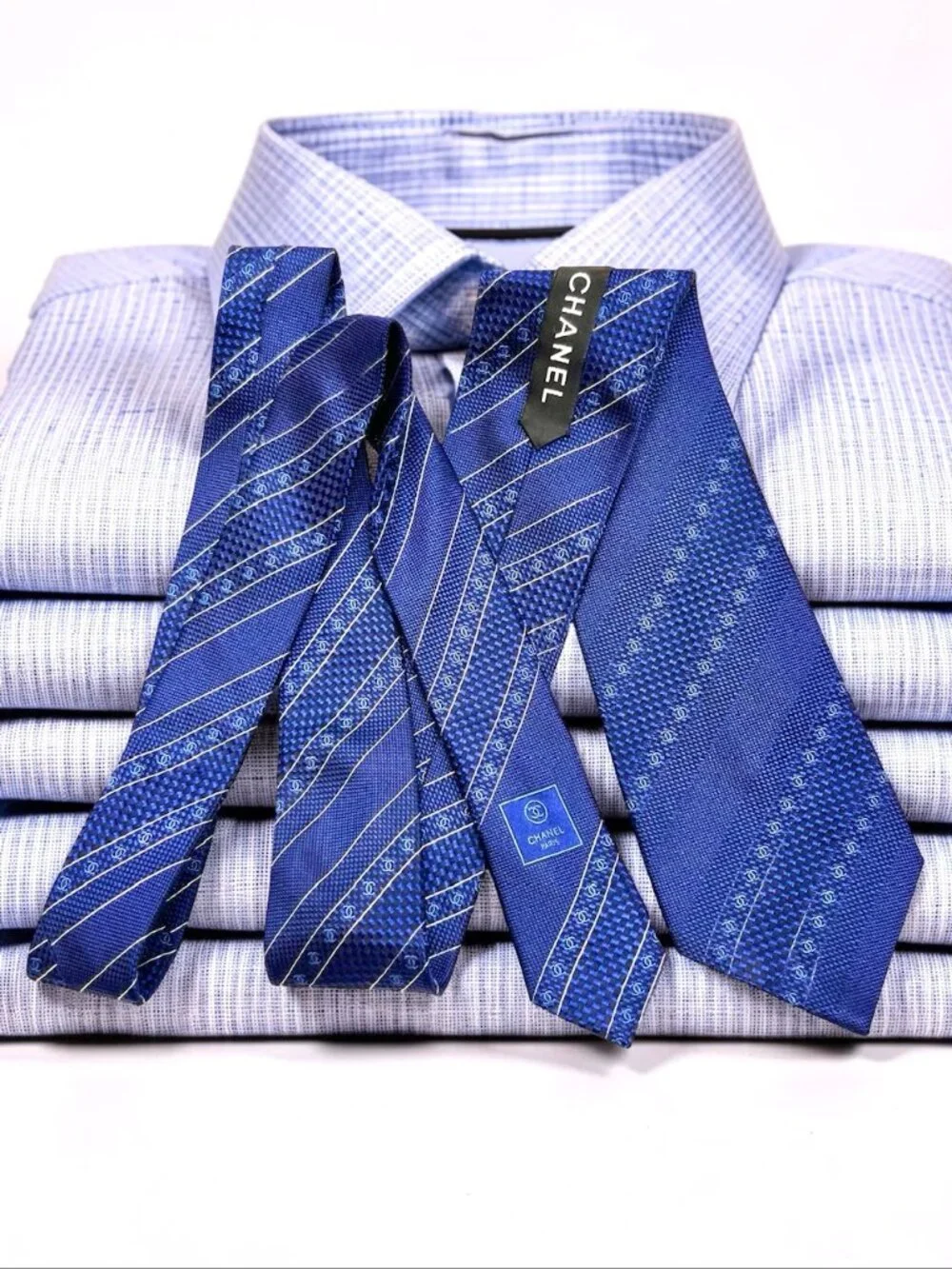 Classic Chanel Paris 100% Silk Necktie Blue Striped Logo Printed Italy Made(2) - Picture 2 of 15